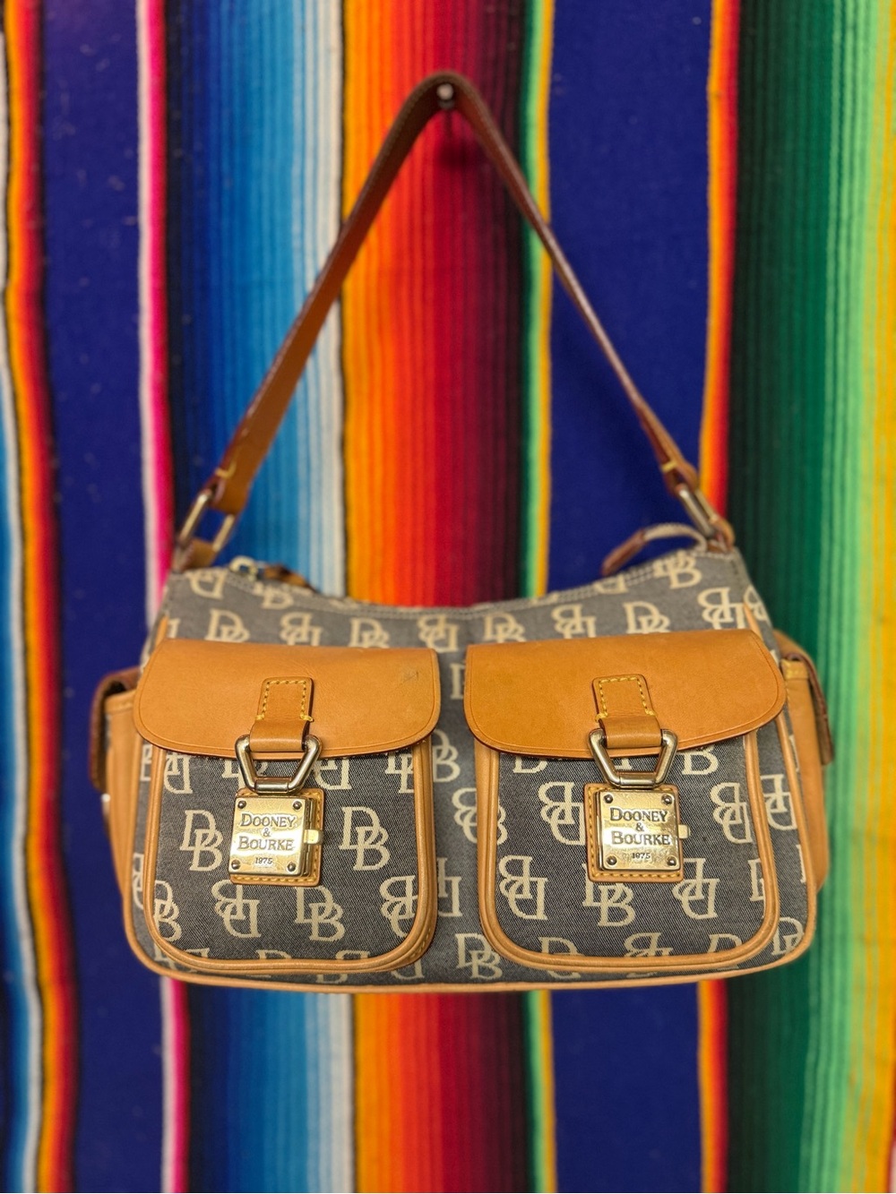 Dooney & Bourke Brown Signature Canvas Shoulder Bag with Tan Leather Trim